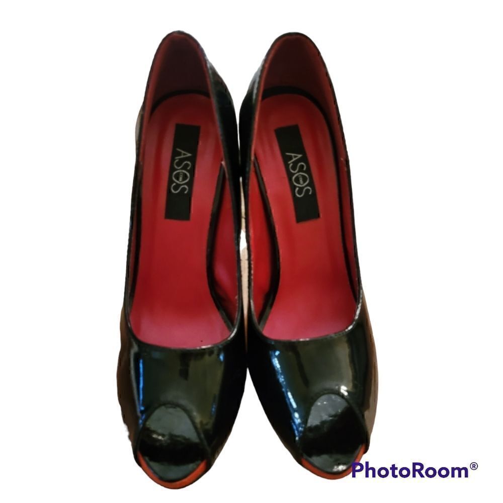 Asos red bottom black patent leather with red suede heels